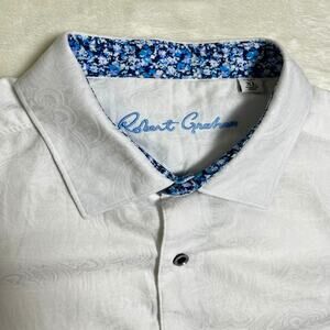 Robert Graham Button Up Shirt Men's XL White Paisley Blue Floral Trim Contrast